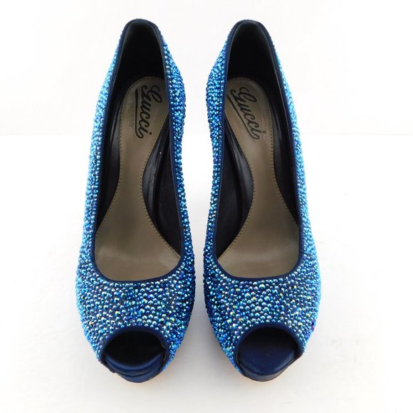 GUCCI Brilliant Blue Crystal Open Toe Heel Pumps 37.5 - Picture 2 of 11